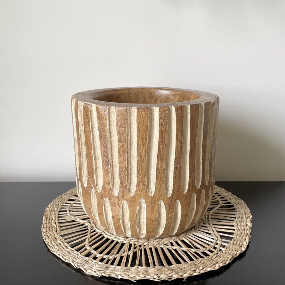 Wooden Carved Striped Pot Planter Plant Vase Boho Home Decor